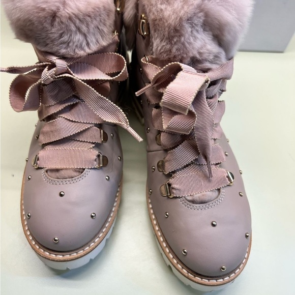 AGL MADE IN ITALY LEATHER Pink Winter Boots with Fur Trim and Ribbon Laces NWT - Picture 5 of 11
